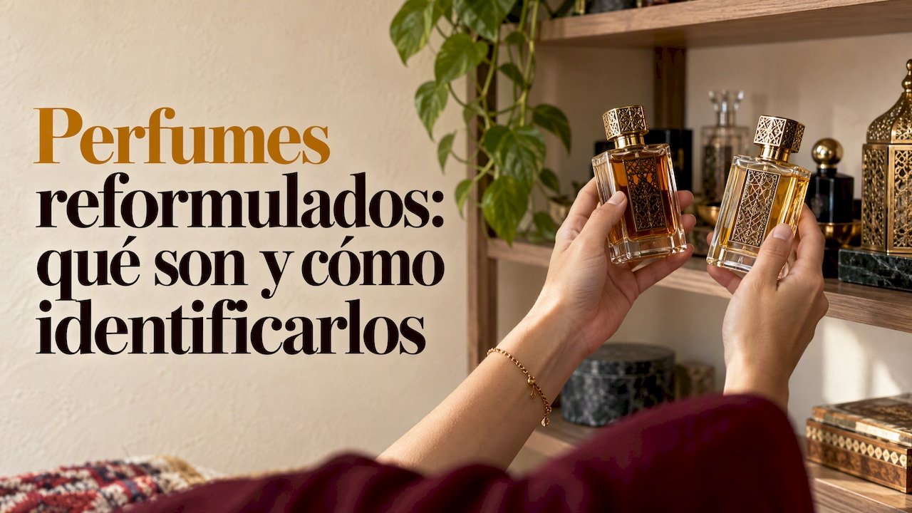 Dos frascos de perfume uno al lado del otro en una estantería