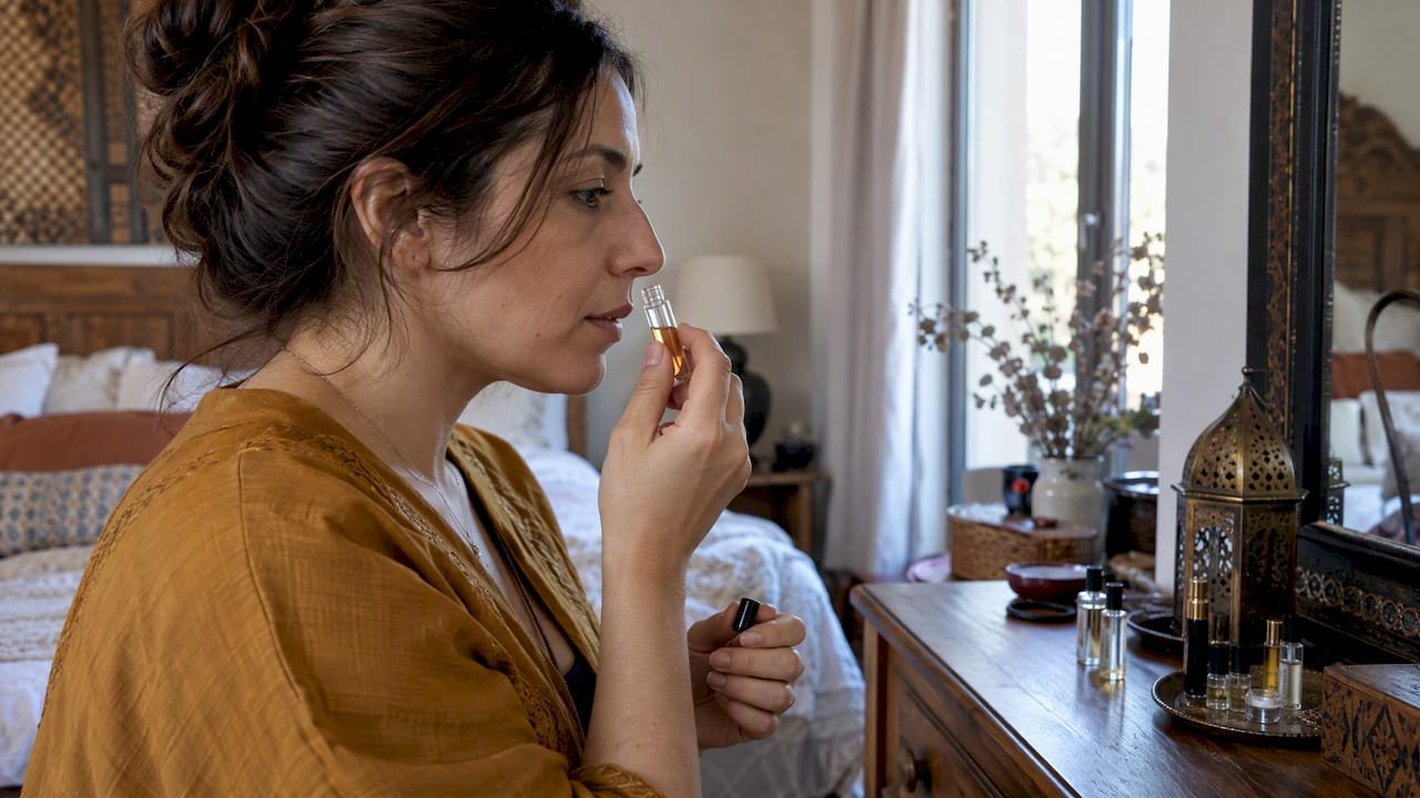 Mujer probándose un decant de perfume