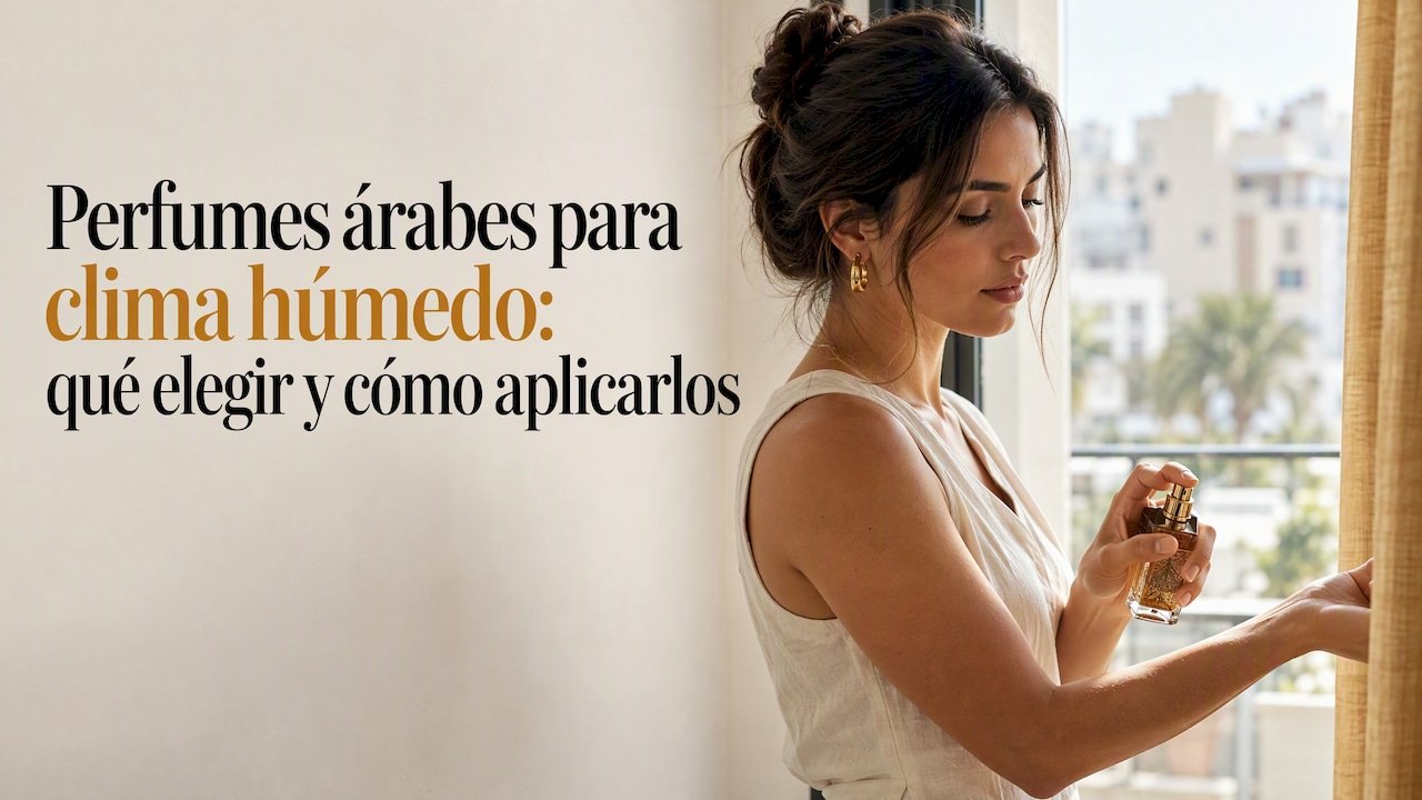 Mujer echándose perfume junto a una ventana abierta