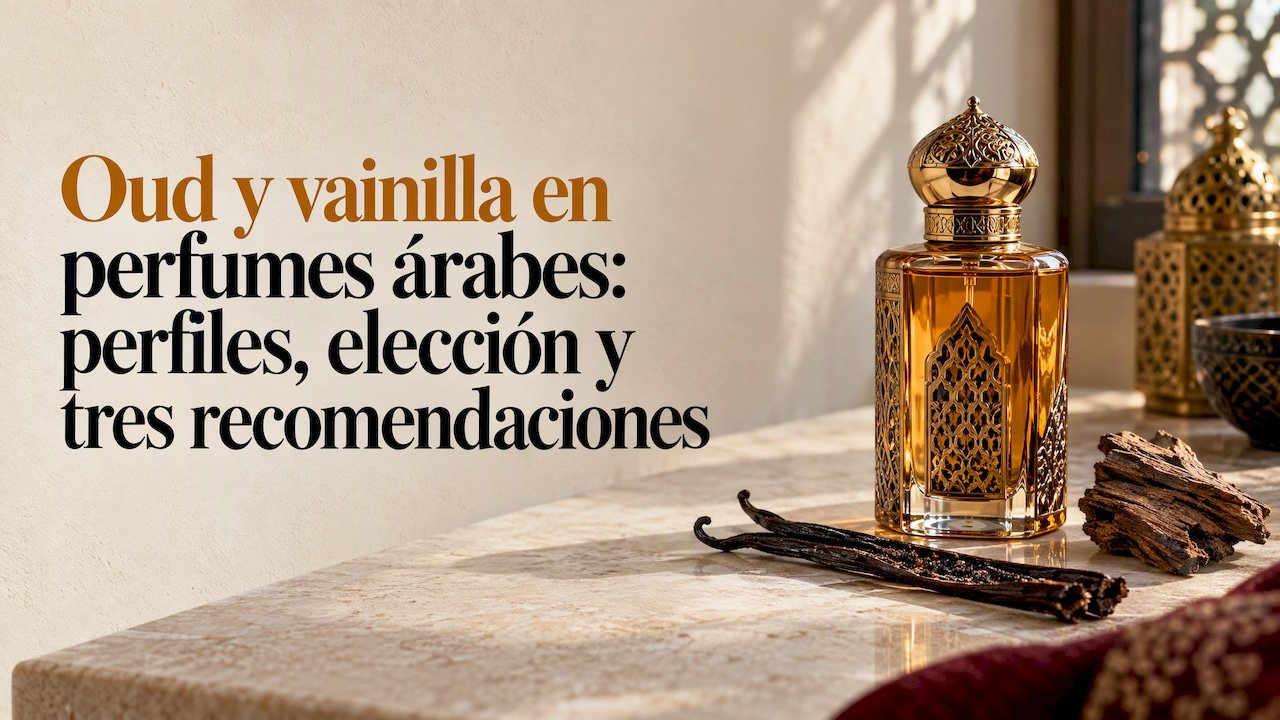 Botella de perfume junto a oud y vainilla