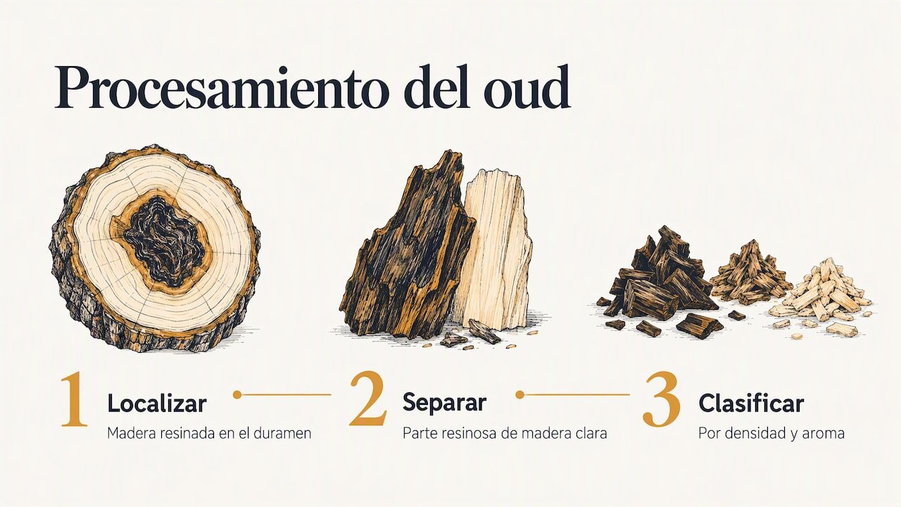 Etapas para seleccionar y clasificar madera de oud