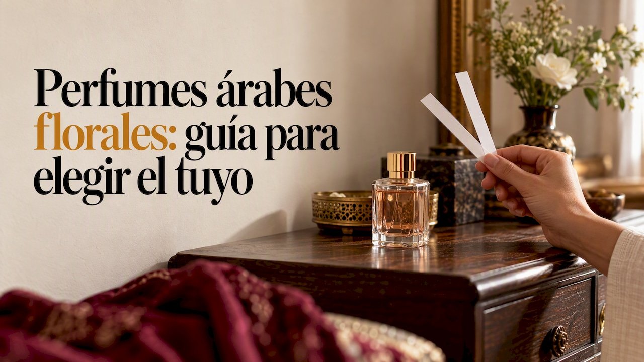 Mano sosteniendo tiras olfativas junto a un perfume floral
